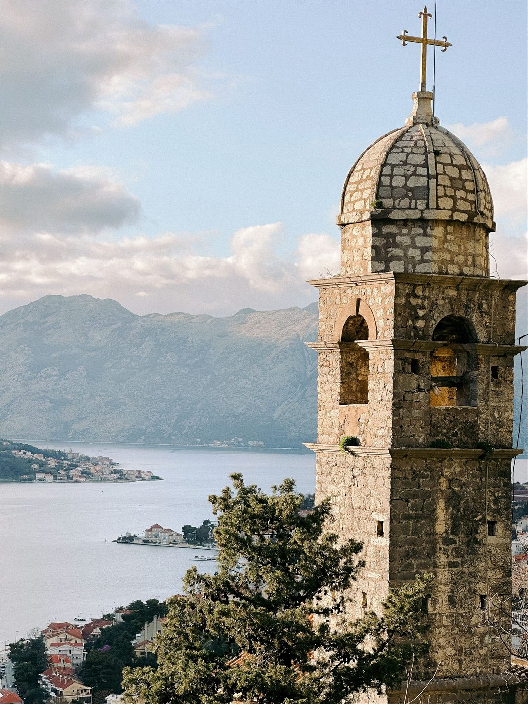 Church bell tower overlooking the Bay of Kotor, Montenegro